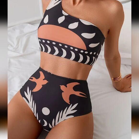 New One-Shoulder Boho Black and Orange High Waist Full Coverage Swim Set - Picture 3 of 14
